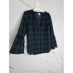 J.CREW Blouse Top XXS Green & Navy Tartan Plaid V Neck 3/4 Bell Sleeves Preppy